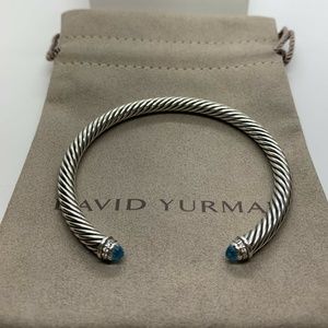 David Yurman Sterling Silver Blue Topaz and Diamonds 5mm Cable Cuff Bracelet